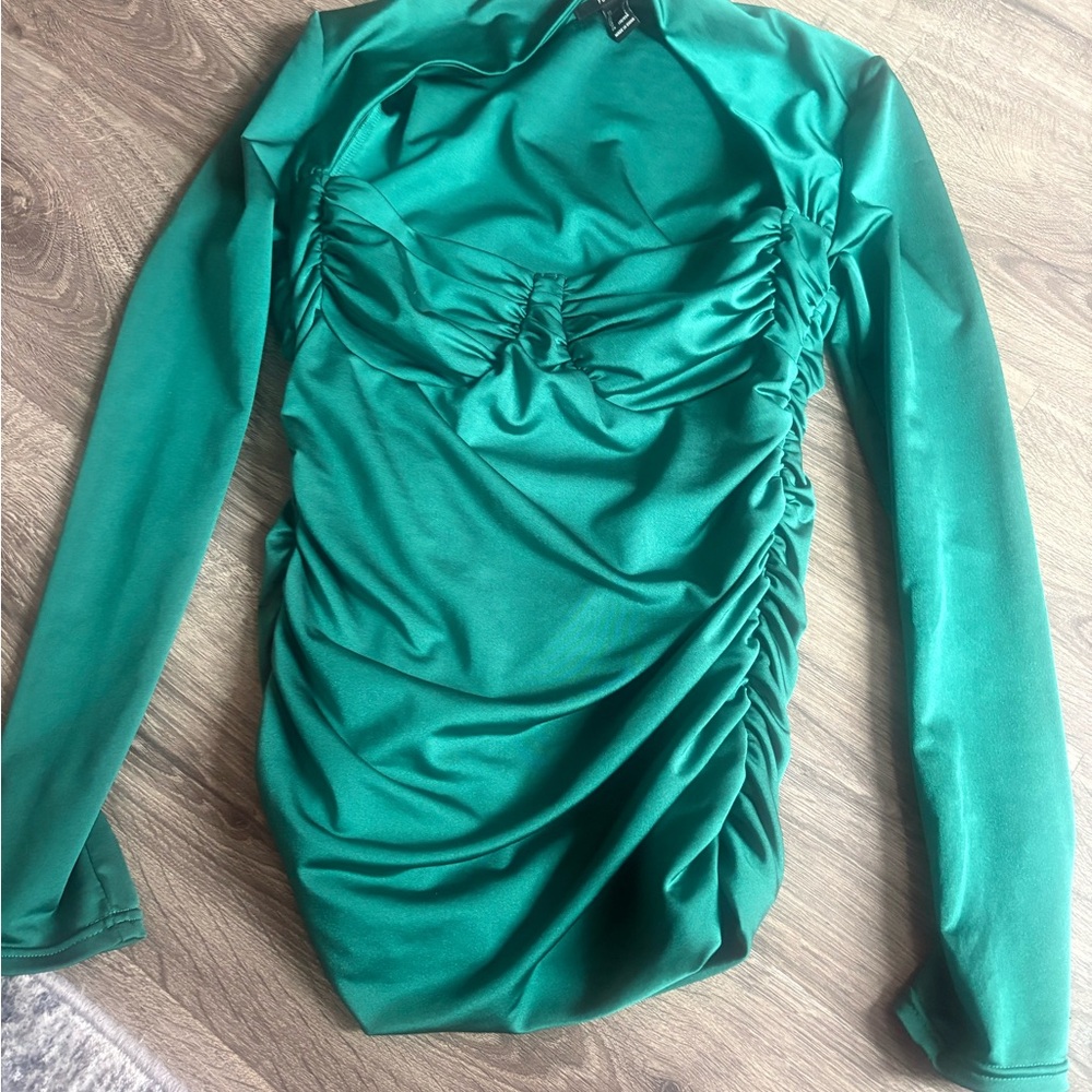 Satin Emerald Green Long Sleeve Ruched Bodysuit